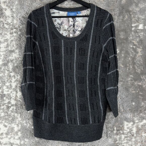 Simply Vera Wang Size M Striped Floral Shimmer Metallic Sweater Gray 3/4 Sleeve - Picture 1 of 9